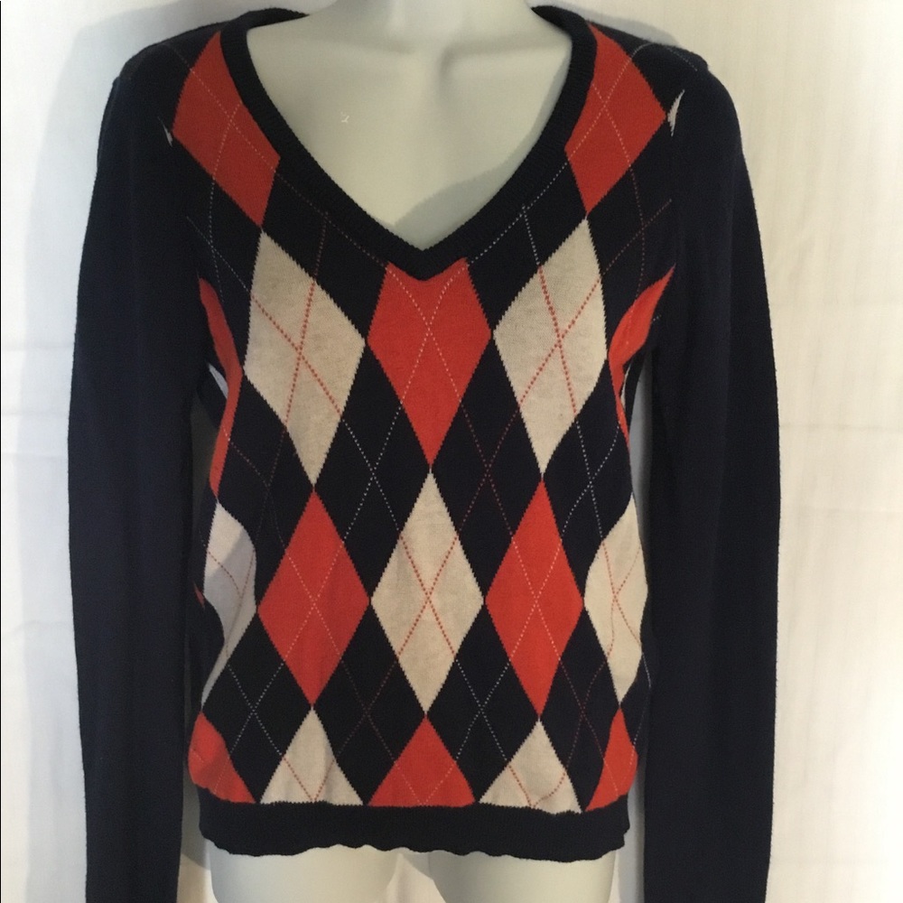 Argyle sweater, navy blue, fitted, size med